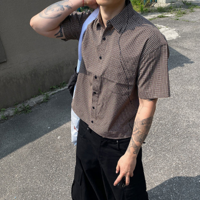 韩国代购街头痞帅格子短袖衬衫男