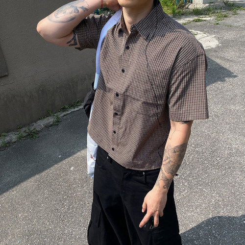 韩国代购街头痞帅格子短袖衬衫男