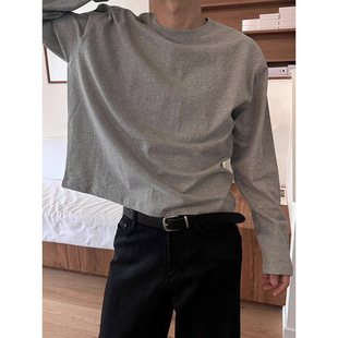 韩国东大门代购时尚百搭简约cropped纯棉短款宽松休闲长袖T恤衫男