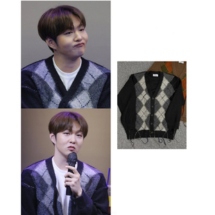 李昌燮同款韩国代购高品个性V领菱格撞色拉丝流苏针织开衫男女款