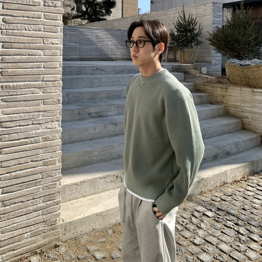 ANAN韩国东大门代购LAINE高档时尚简约百搭纹理感圆领针织男毛衣