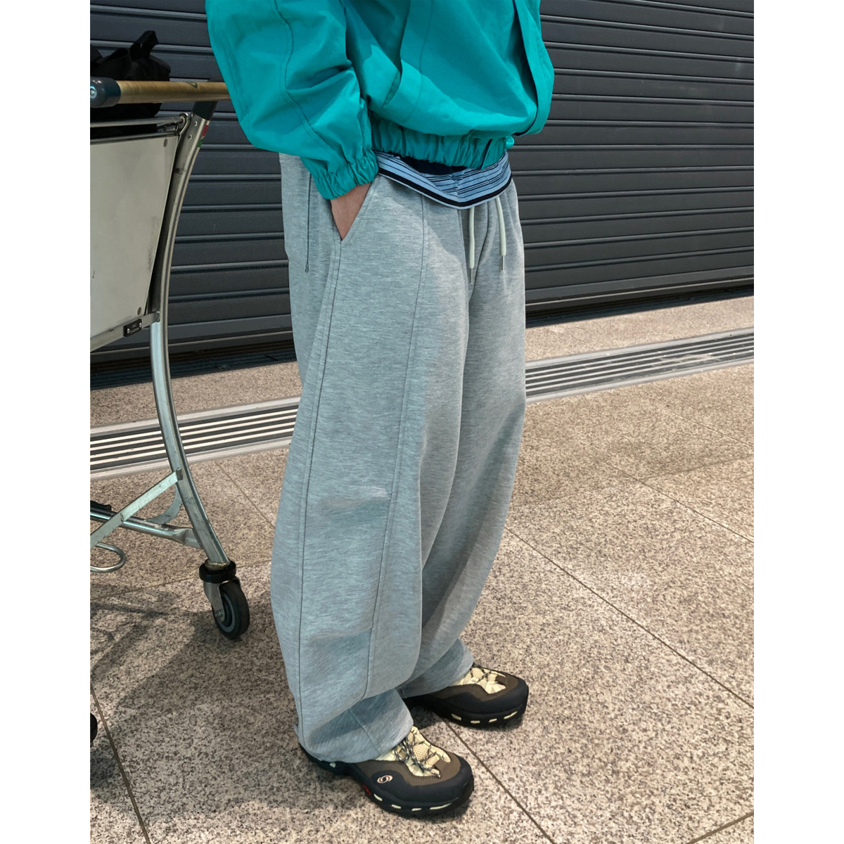 韩国东大门代购街头潮流个性拼接线松紧腰运动休闲裤男士百搭卫裤