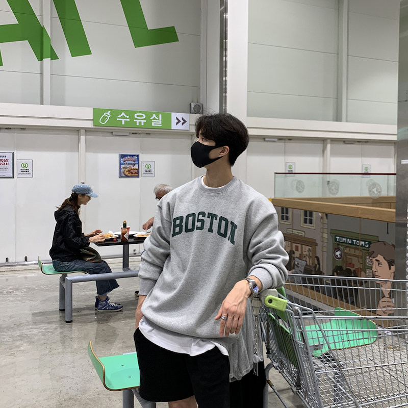 东大门韩国代购男女vibe学院风美系Boston字母印花宽松圆领卫衣LP