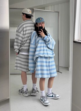 韩国东大门代购votus时尚慵懒风条纹套头卫衣休闲短裤套装男女款