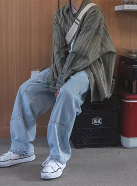 韩国代购东大门男女同款ACON时尚轻薄纹理感小众混色条纹长袖衬衫