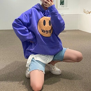 东大门韩国男装代购微笑印花椰风ins落肩宽松百搭连帽衫卫衣男女