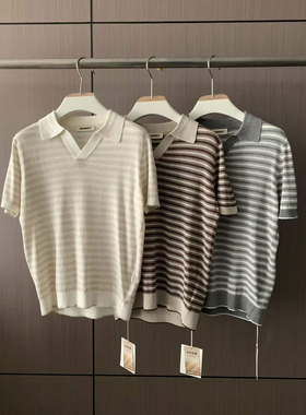 韩国东大门代购SIGNIGT夏季时尚高品气质度假风条纹翻领针织衫男