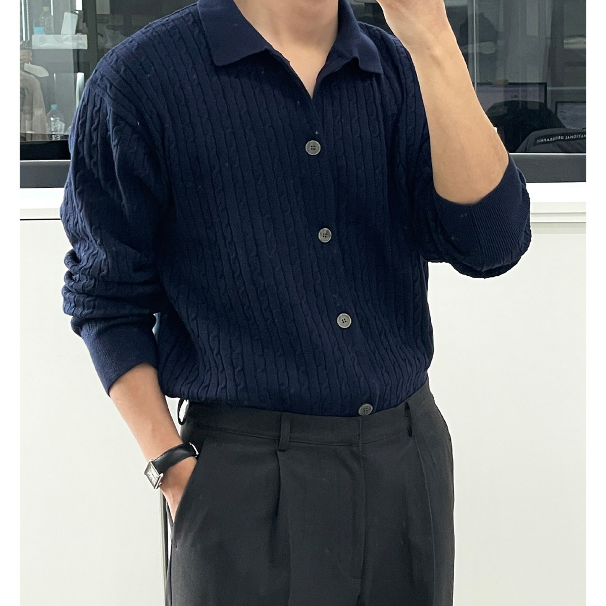 韩国东大门代购26年春季新款时尚百搭翻领麻花纹针织开衫男毛衣