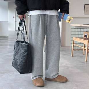 韩国男装代购直播强推福利价拼接掐褶简约风阔腿直筒加绒休闲卫裤