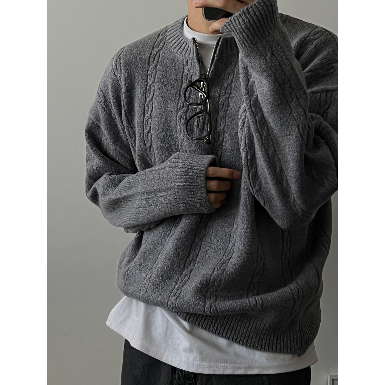 韩国东大门代购秋冬时尚轻熟麻花纹半开拉链套头针织衫男休闲毛衣