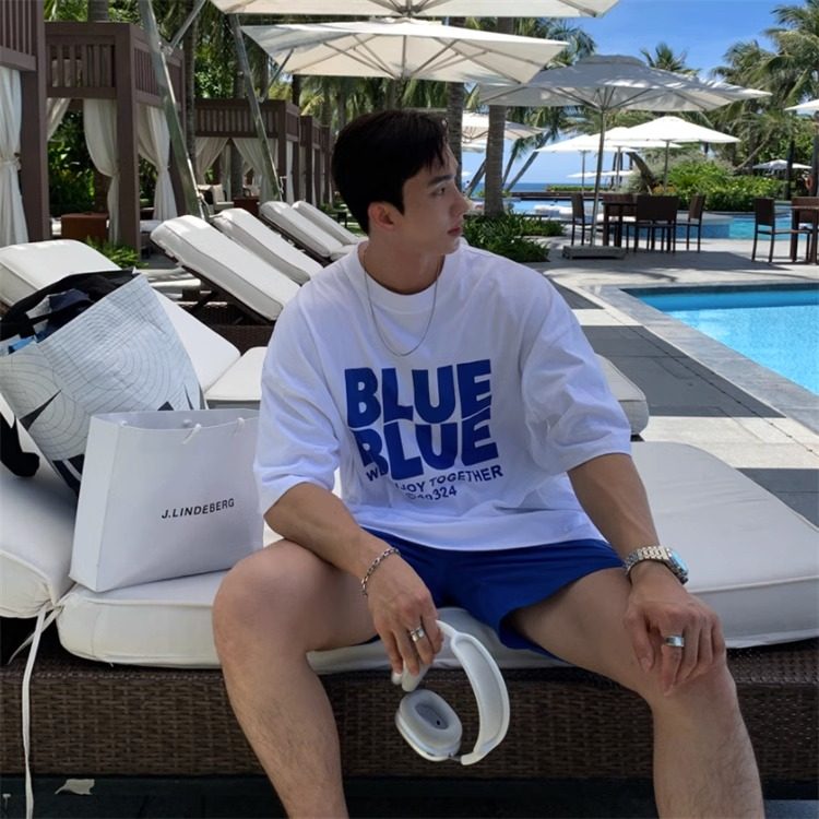 ANAN韩国男装代购ins潮流时尚撞色洋气英文BLUE印花阔版短袖T恤衫
