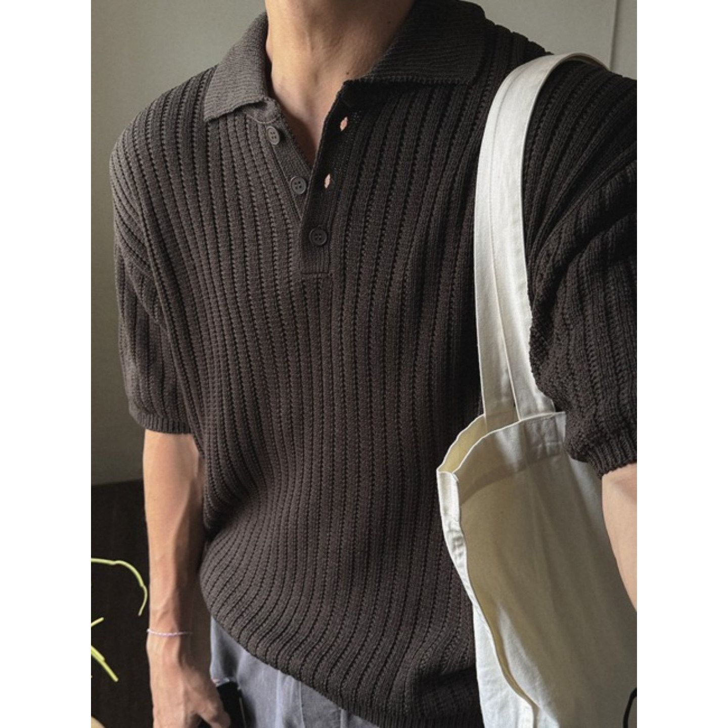 韩国东大门代购夏季时尚高品气质精工麻花纹圆领短袖针织POLO衫男