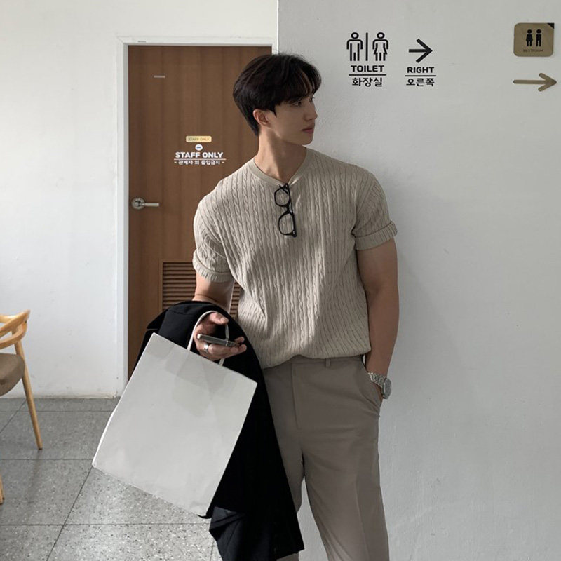 ANAN韩国东大门代购圆领短袖针织衫微贴休闲时尚麻花纹多色男上衣