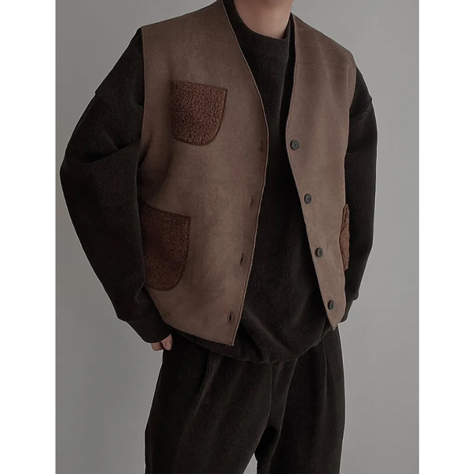 韩国代购个性口袋V领马甲背心男