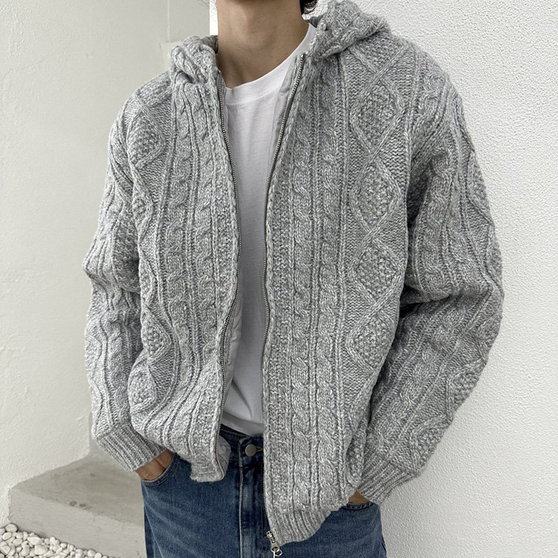 韩国代购秋冬时尚立体菱格麻花纹高档厚款连帽针织开衫毛衣外套男