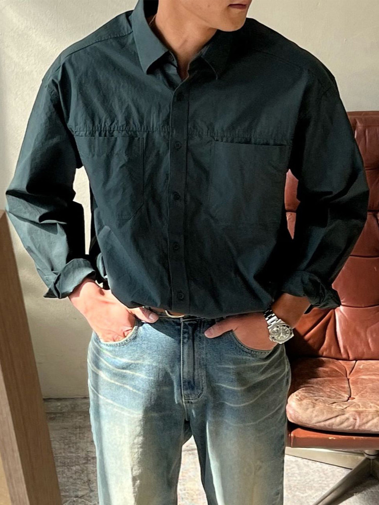 韩国东大门代购男装MENTO高品双口袋纯色百搭衬衫春秋款商务衬衣