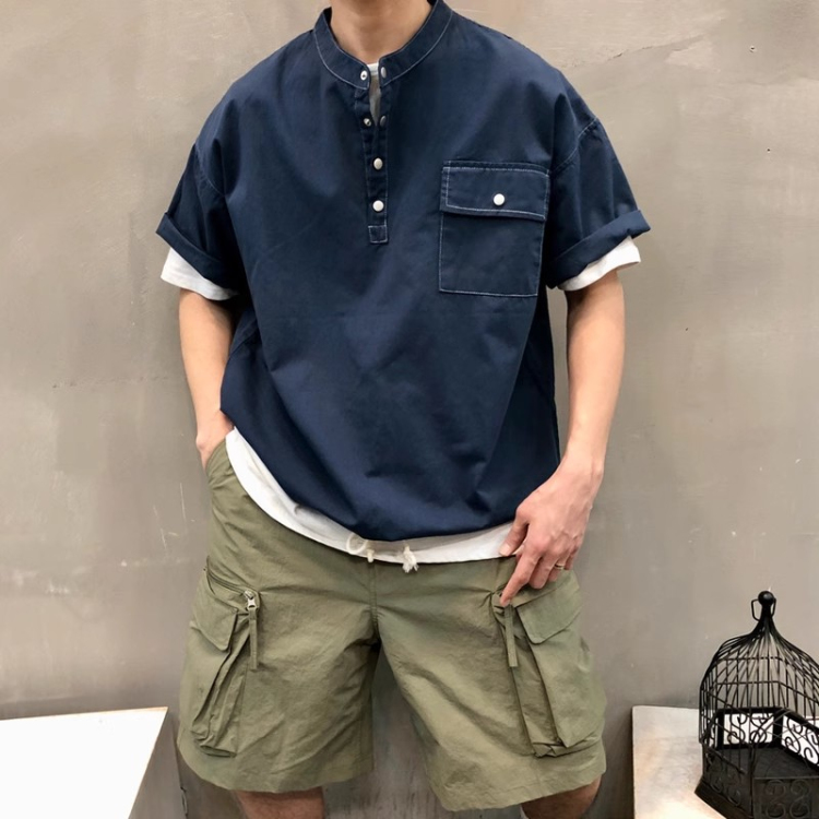 韩国东大门代购时尚潮流亨利领单口袋个性休闲明线短袖T恤衫男