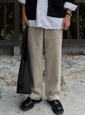 韩国东大门代购DUDE春秋高档重工斜纹棉百搭半松紧腰直筒休闲裤男