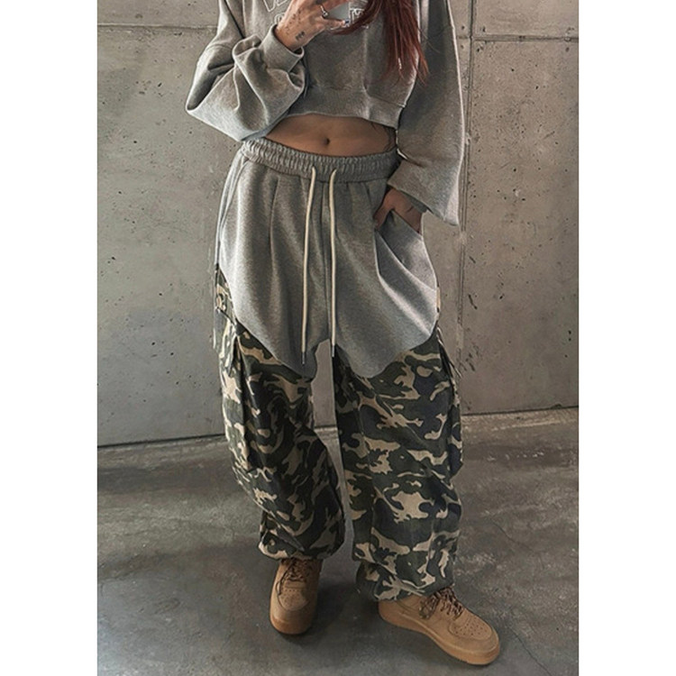 东大门韩国代购男女同款工装口袋个性可束脚拼接迷彩运动休闲裤