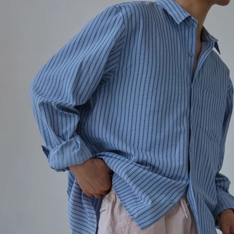 国内现货！男装代购夏季慵懒风宽松时尚休闲潮流条纹垂感长袖衬衫