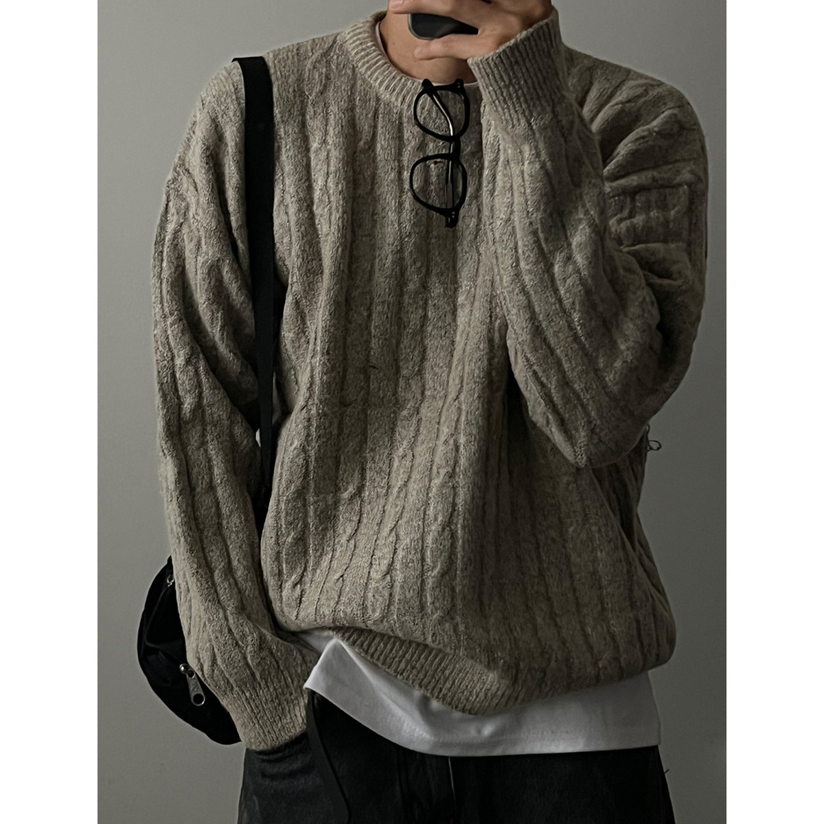 韩国东大门代购春秋时尚简约厚实保暖麻花纹圆领休闲针织衫男毛衣