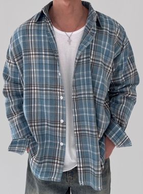 韩国东大门代购时尚混色格子cozyfit慵懒风棉质阔版长袖衬衫男