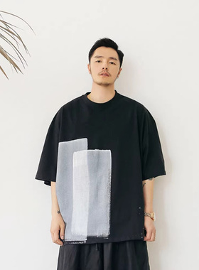 韩国东大门代购直播个性ins港风大码宽松手绘印花短袖T恤衫男女款