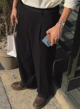 韩国东大门代购LAINE直播冬时尚高品重工单掐褶直筒休闲裤男西裤