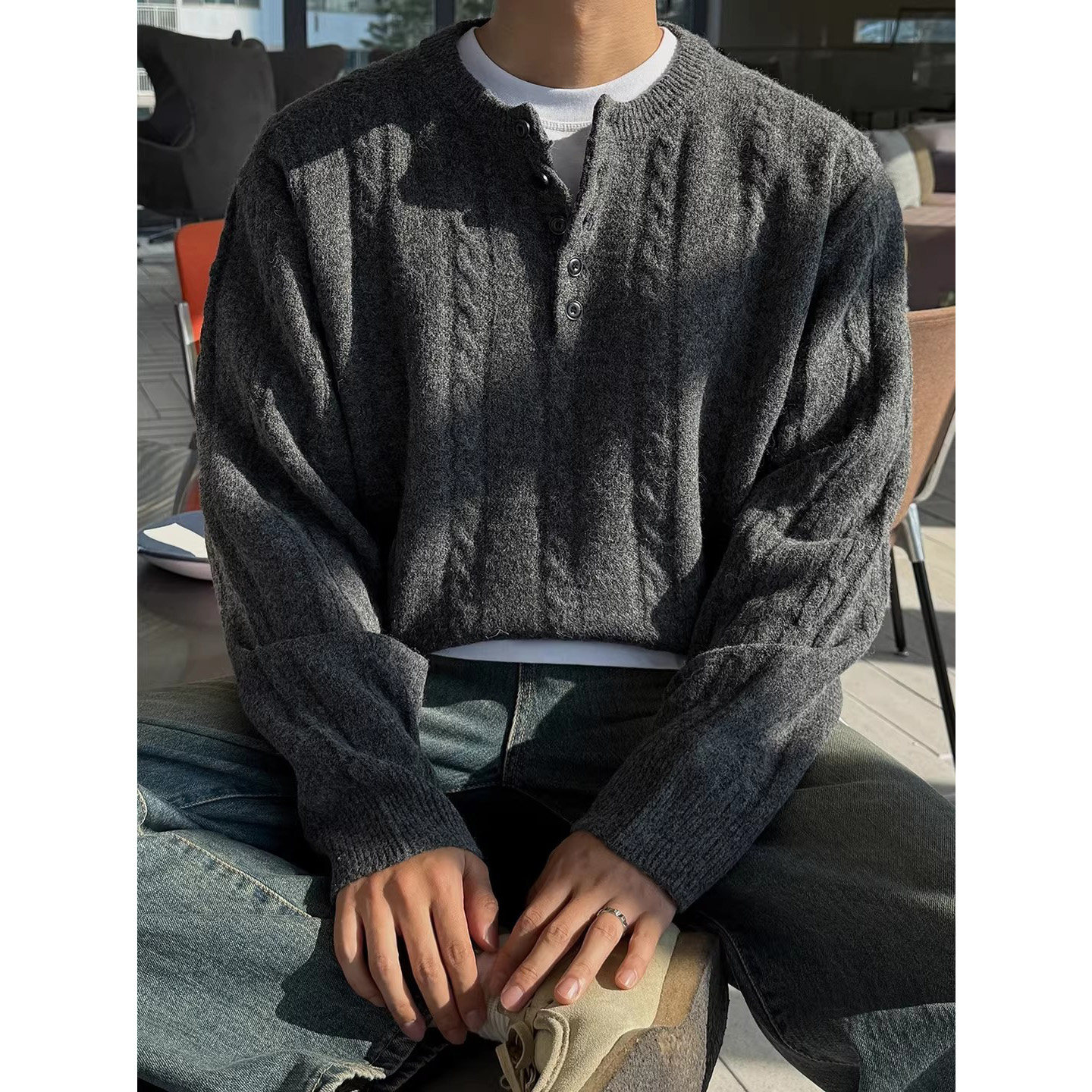 韩国东大门代购春秋高品时尚羊毛混纺麻花纹亨利领五粒扣针织衫男