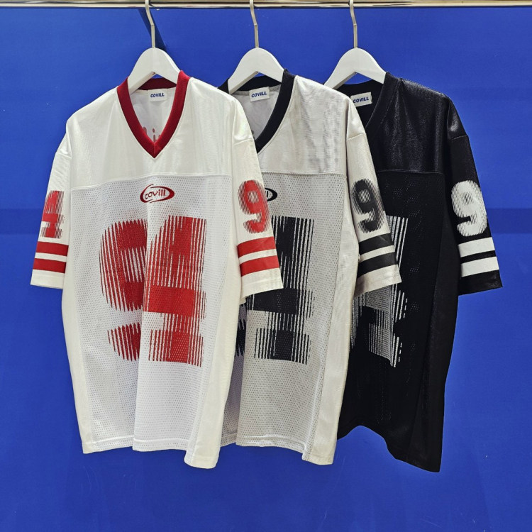 韩国东大门代购夏时尚拼接透气数字94印花网眼运动衫V领短袖T恤男