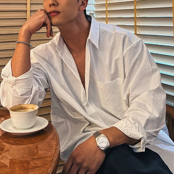 国内现货！代购DEEF直播王炸薄款泡泡纱夏季宽松休闲长袖衬衫男