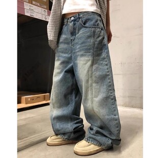 韩国代购男装东大门个性水洗色复古泛黄弧形拼接设计师直筒牛仔裤