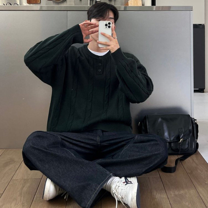 ANAN韩国东大门代购圆领宽松长袖麻花针织衫男士休闲时尚套头上衣