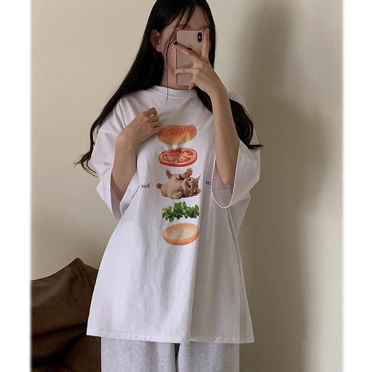 韩国东大门代购夏季学院风潮流猫咪汉堡趣味短袖T恤衫男女情侣款