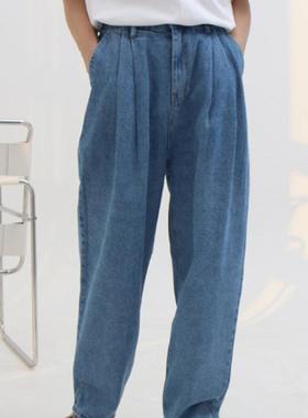 国内现货！SLOWER高档半松紧四色水洗双褶皱阔腿微锥牛仔裤