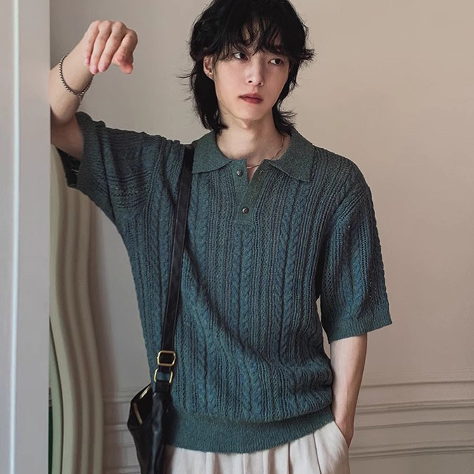 韩国东大门代购时尚个性混色镂空麻花纹高档针织POLO衫男短袖T恤