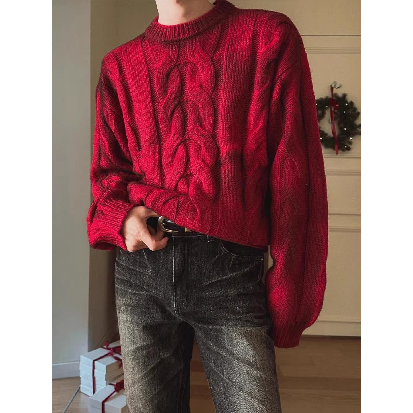 韩国东大门代购秋冬复古麻花纹晕染厚实做旧套头针织毛衣男女款