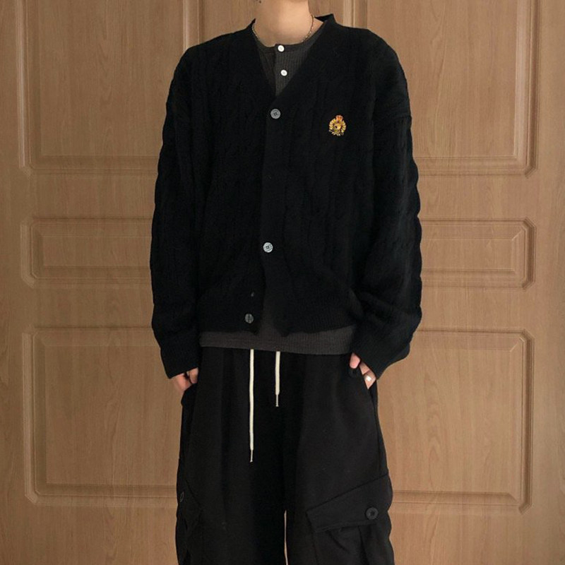 ANAN韩国东大门代购男V领长袖开衫学院风宽松麻花纹毛衣秋冬上衣