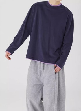 韩国东大门代购Woogie直播男女款撞色亲肤假两件打底长袖T恤衫男