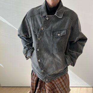 韩国东大门代购街头个性小众弧形系扣拼接水洗牛仔夹克外套男女款