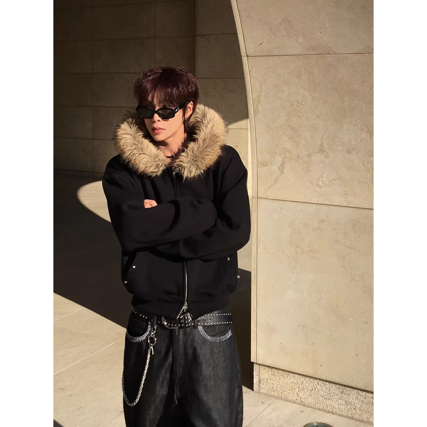 ANAN韩国东大门代购毛边加绒连帽拉链衫宽松版长袖中性款夹克外套