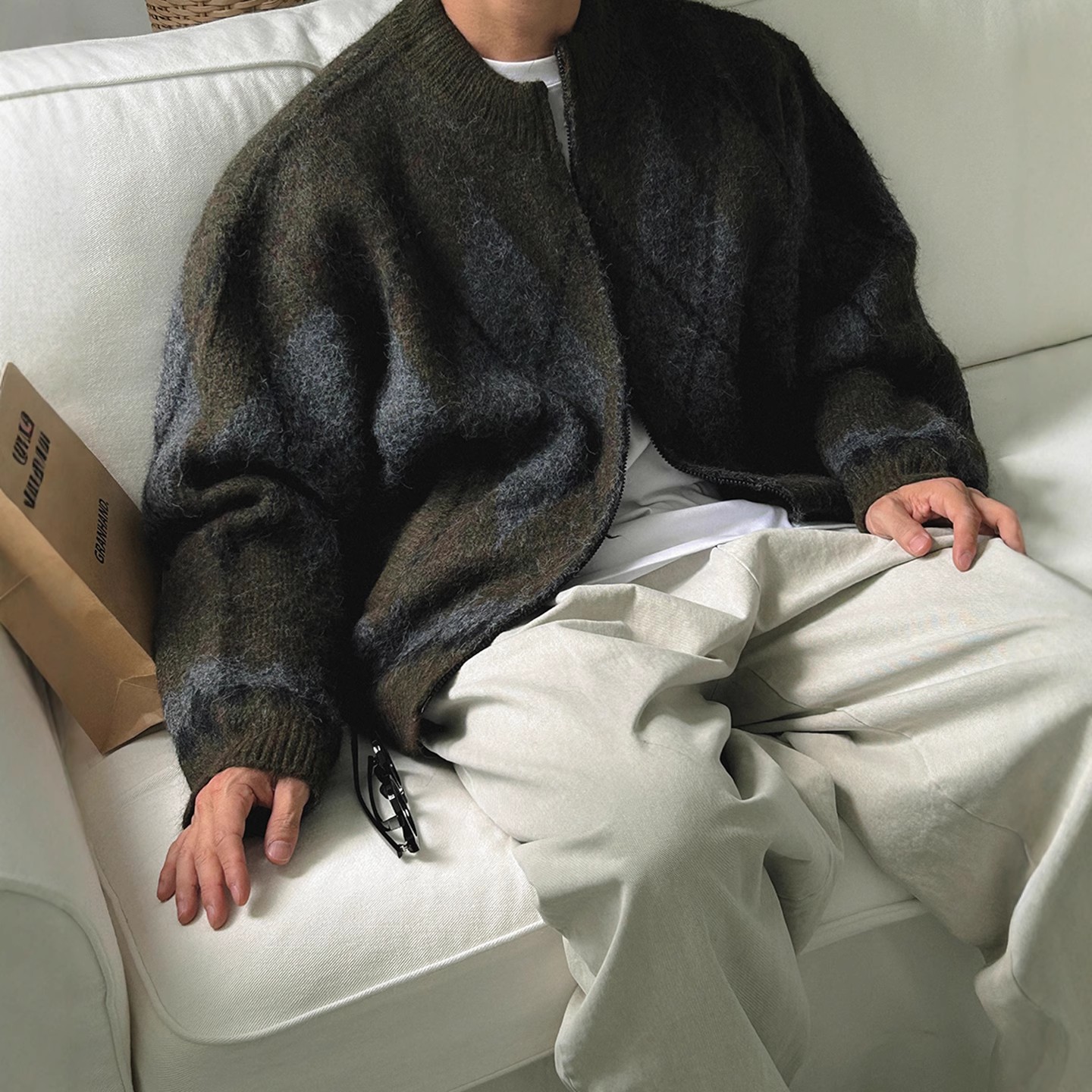 韩国代购男装高档菱格羊毛针织衫