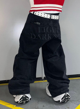 ANAN韩国东大门代购黑色字母激光水洗牛仔裤宽松阔腿裤休闲男长裤