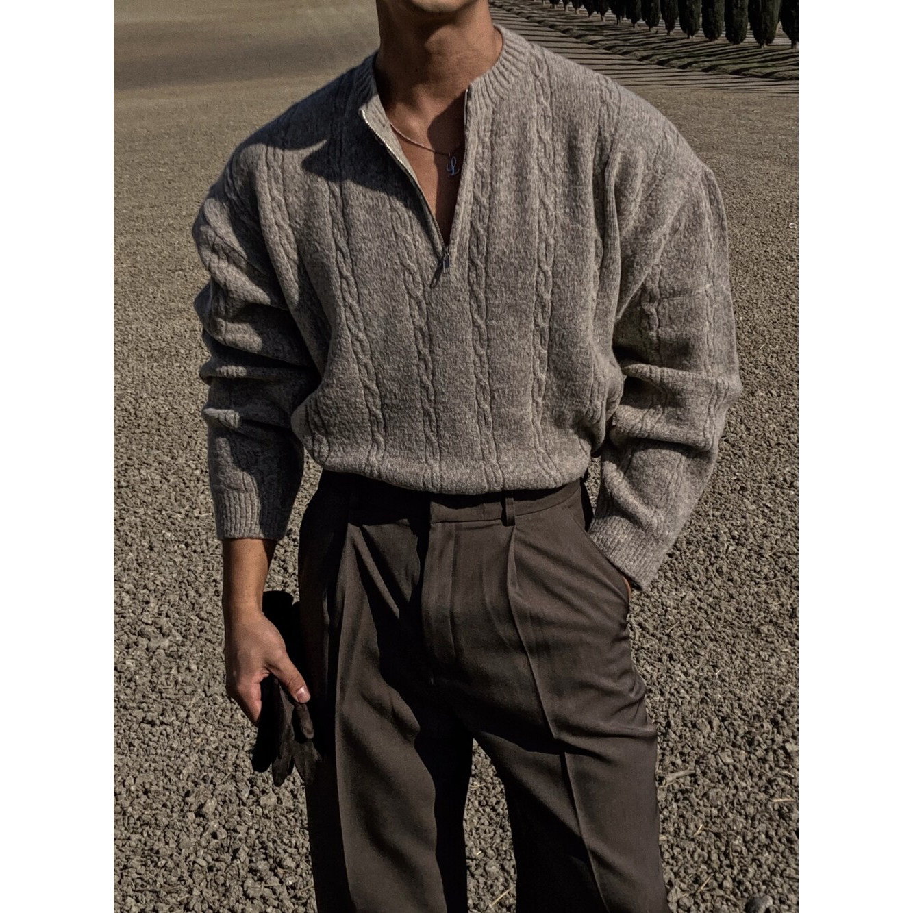 韩国东大门代购时尚轻熟高品半拉链麻花纹亲肤休闲宽松针织毛衣男