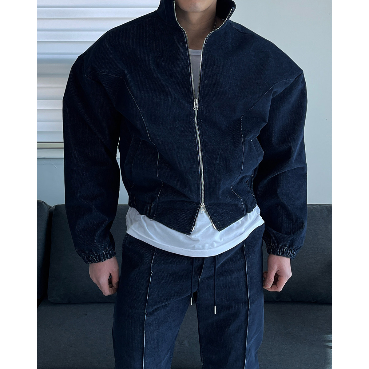 韩国东大门代购春秋高档时尚设计师灯芯绒立领拉链收腰夹克外套