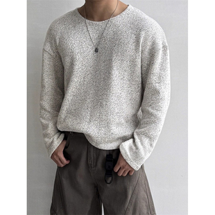 韩国东大门代购秋冬气质圆领混色短款落肩针织毛衣长袖T恤衫男