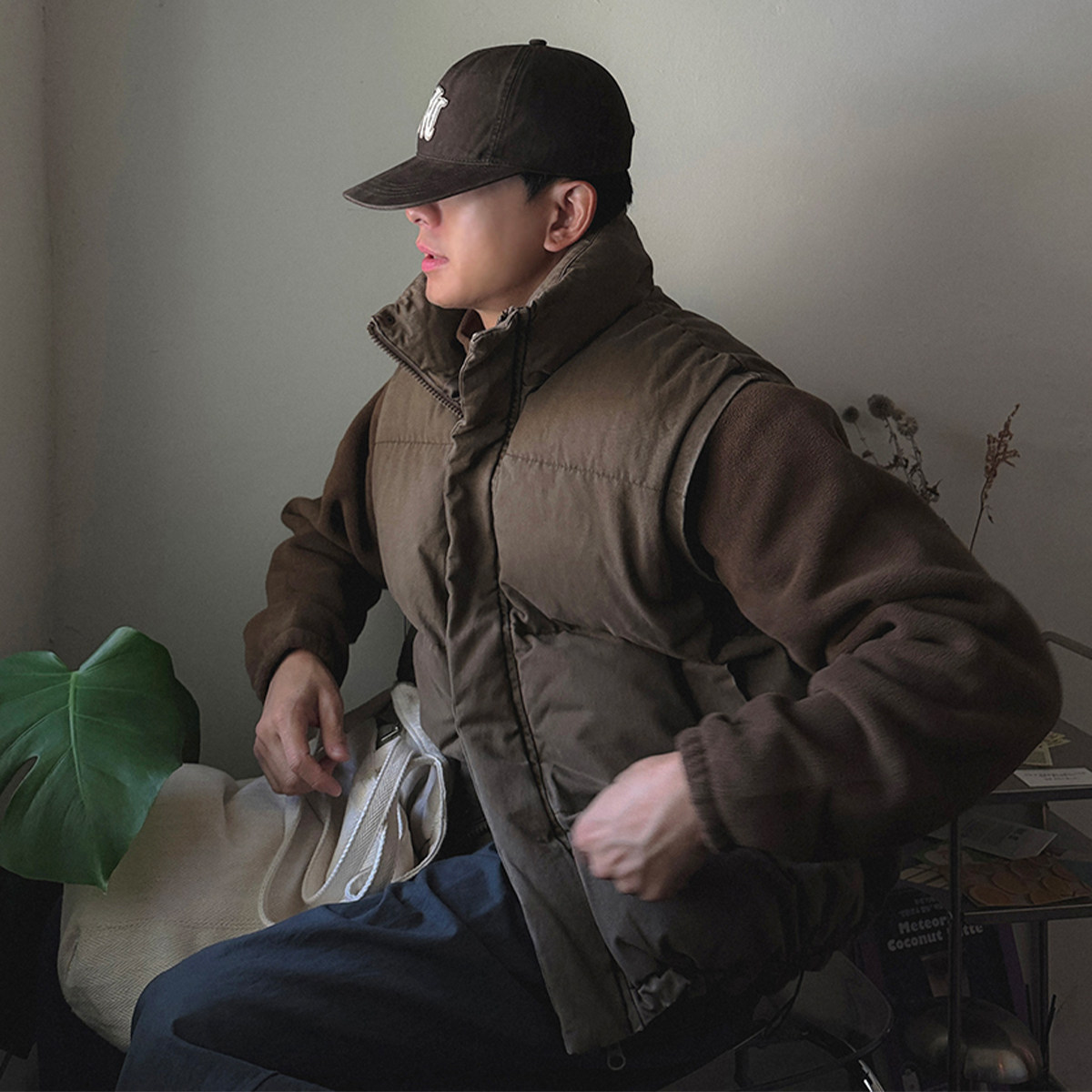 ANAN韩国东大门代购复古水洗立领抽绳休闲短款蓬松棉服马甲外套男