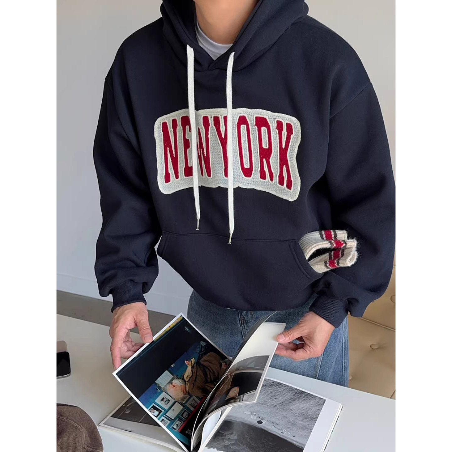 ANAN韩国东大门代购冬季时尚刺绣贴布美式休闲抓绒连帽卫衣男帽衫,男装,卫衣,淘宝优惠券,粉丝福利购,淘宝优惠卷