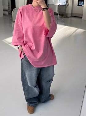 韩国东大门代购男女同款复古水洗votus宽松侧开衩无袖休闲短袖T恤