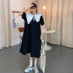 Real price languid style retro niche color contrast asymmetric big Lapel loose long dress